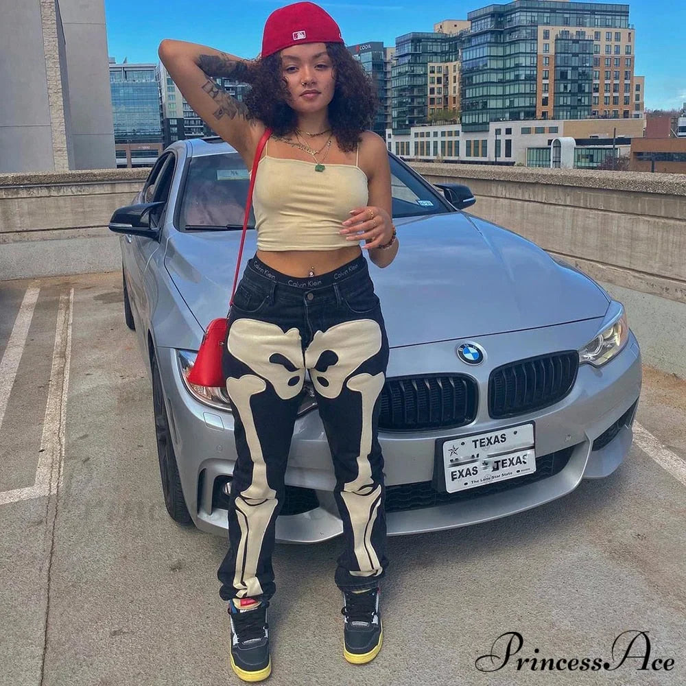 Design Baggy Waist Skeleton Streetwear Jeans Women's Vintage Low Casual Outfits