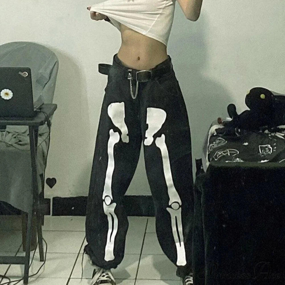 Design Baggy Waist Skeleton Streetwear Jeans Women's Vintage Low Casual Outfits