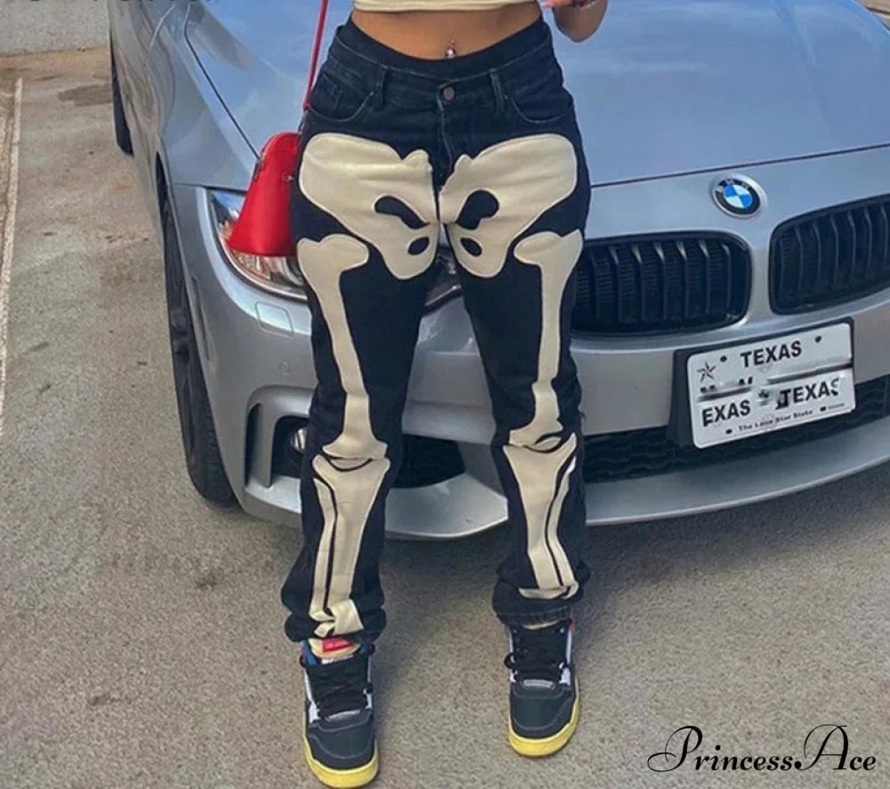Design Baggy Waist Skeleton Streetwear Jeans Women's Vintage Low Casual Outfits