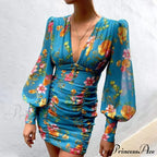 Design Party Bodycon Women's Neck Deep Warm-Season Flowered Gown Lantern Arm Ruched - V Dress
