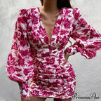Design Party Bodycon Women's Neck Deep Warm-Season Flowered Gown Lantern Arm Ruched - V Dress