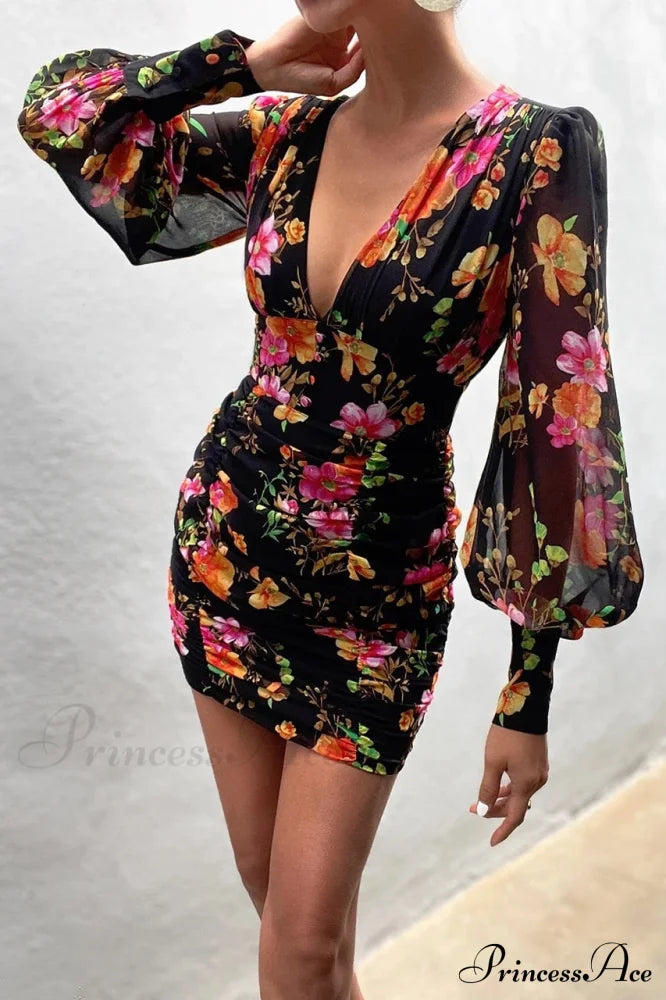 Design Party Bodycon Women's Neck Deep Warm-Season Flowered Gown Lantern Arm Ruched - V Dress