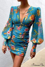 Design Party Bodycon Women's Neck Deep Warm-Season Flowered Gown Lantern Arm Ruched - V Dress