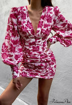 Design Party Bodycon Women's Neck Deep Warm-Season Flowered Gown Lantern Arm Ruched - V Dress