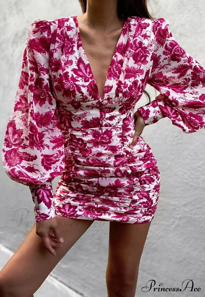 Design Party Bodycon Women's Neck Deep Warm-Season Flowered Gown Lantern Arm Ruched - V Dress