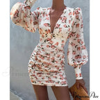 Design Party Bodycon Women's Neck Deep Warm-Season Flowered Gown Lantern Arm Ruched - V Dress