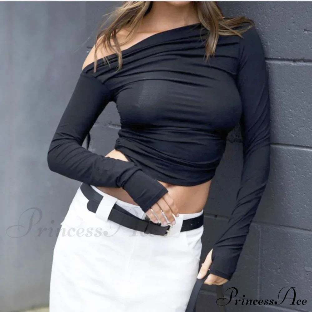 design Women's outer wear tops niche long-sleeved off-the-shoulder shirt
