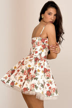 Satin Strap Tulle Puff Lace Trim Mini Floral Dress