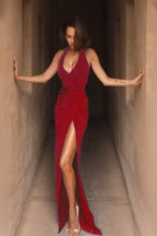 Halter Backless Tie HighSlit Ruched Formal Dress