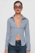 Striped Darted Collared Long Sleeve Top