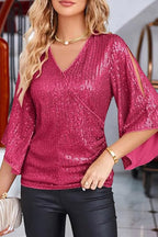 Solid Color Sequined V-neck Hollow Sleeve Slim Fit Top