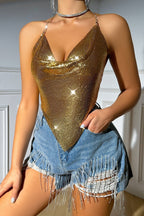Metal Chain Backless Sequin Bustier Tank Top