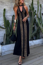 Irina Timeless Meret Gold Geometric Print Backless Halter Neck Stretch Maxi Dress Boutique Collection