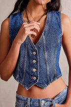 Vintage Distressed Waist-Cinched Sleeveless Denim Vest