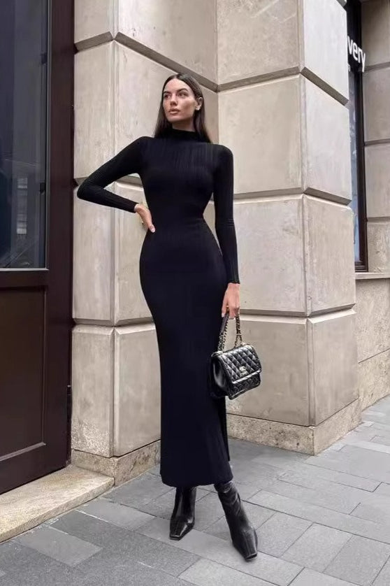 Sexy Stripe Turtleneck Knit Long Sleeve Bodycon Dress