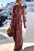 Women's fashionable and elegant vacation style printed large hanging neck design with a sense of long skirt