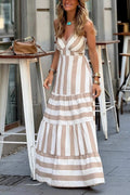 Summer Striped Print Patchwork Ruched Backless Maxi Dress
