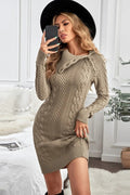 Solid Ribbed Knit Collared Long Sleeve Bodycon Mini Dress