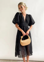 Beautiful square pattern fabric puff sleeve midi