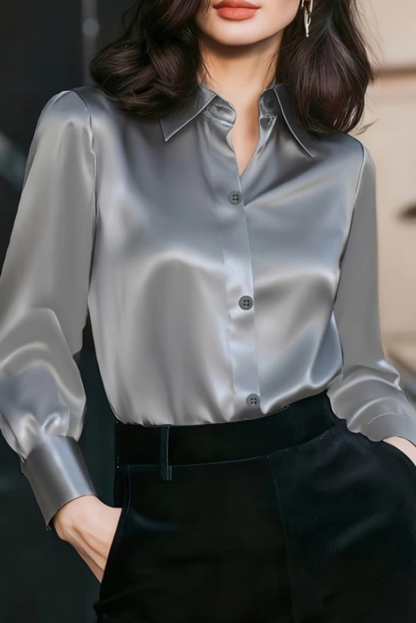 Solid Color Collared Long-sleeved Casual Button-down Shirt