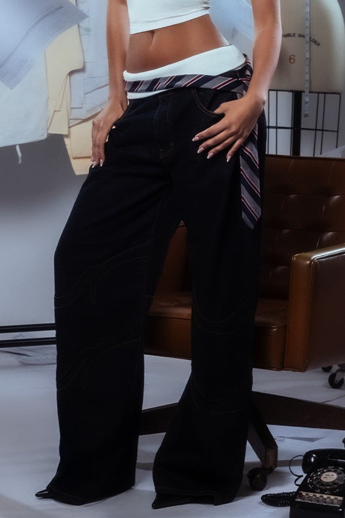 Vintage Patchwork Low Waist Straight Loose Jeans