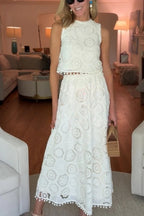 Nice Try Embroidered Crochet Lace Tassle Trim Elastic Waist Midi Skirt