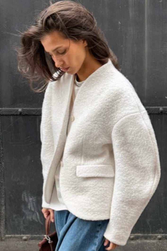 Solid Color Tweed V-Neck Coat
