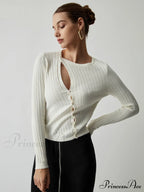 Diagonal Buttoned Rib Trendy Long Sleeve Top