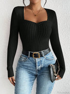 Diamond Collar Casual Knitted Long Sleeve T-shirt Women