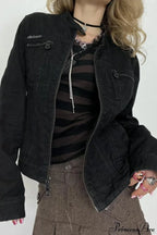 Distressed Black Denim Retro Casual Long-Sleeve Jacket