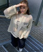 Distressed Cross Fishnet Charming Design Hollow Out Sweater
