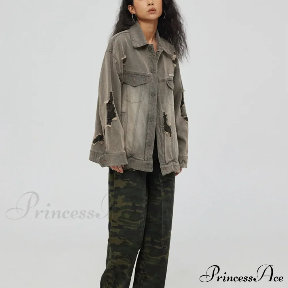Distressed Denim With Collar Vintage Large Pockets Chic Stylish Elegant Fashionable Versatile Oversized Street Winter Jacket