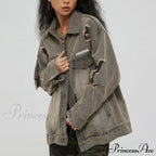 Distressed Denim With Collar Vintage Large Pockets Chic Stylish Elegant Fashionable Versatile Oversized Street Winter Jacket
