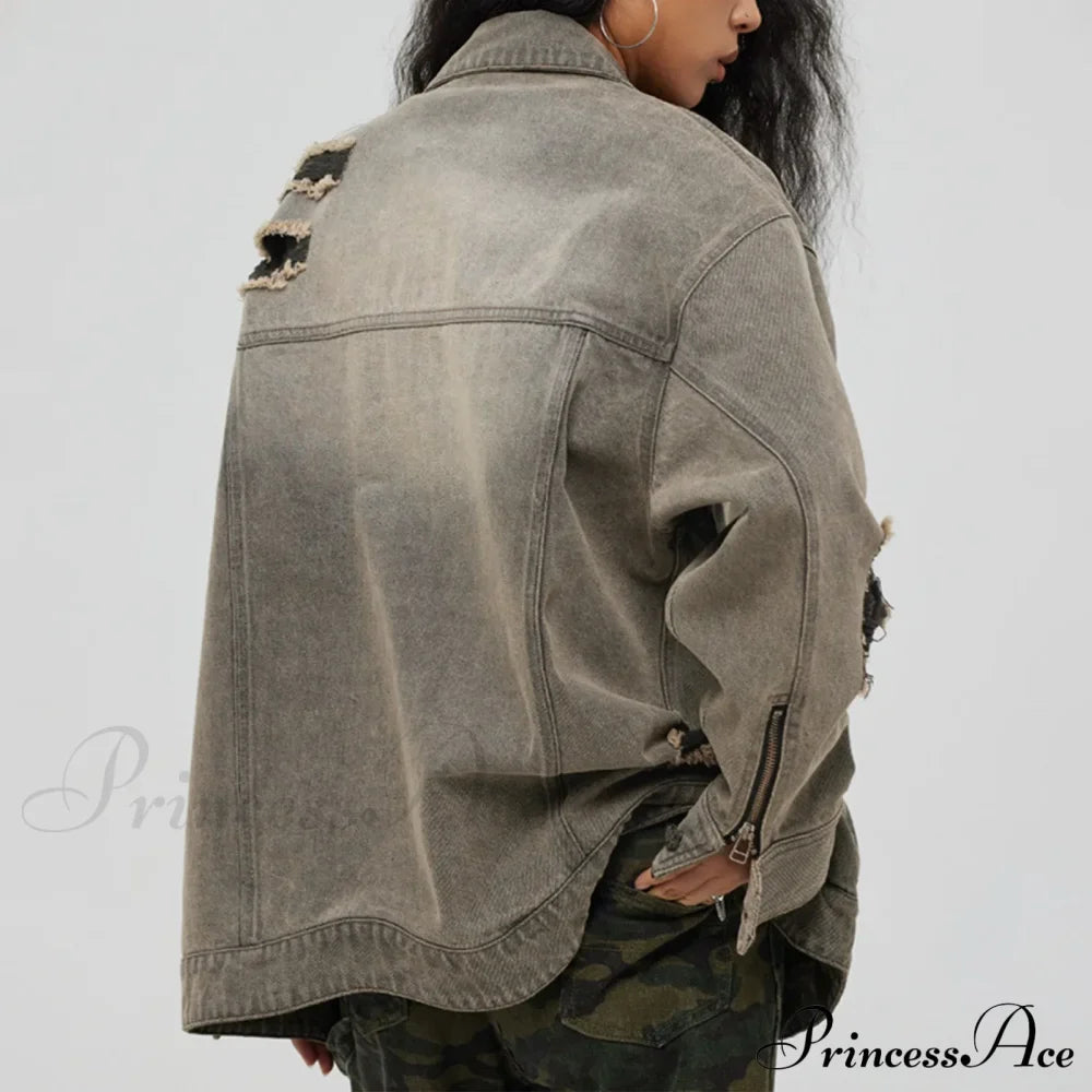 Distressed Denim With Collar Vintage Large Pockets Chic Stylish Elegant Fashionable Versatile Oversized Street Winter Jacket