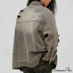Distressed Denim With Collar Vintage Large Pockets Chic Stylish Elegant Fashionable Versatile Oversized Street Winter Jacket