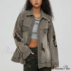 Distressed Denim With Collar Vintage Large Pockets Chic Stylish Elegant Fashionable Versatile Oversized Street Winter Jacket