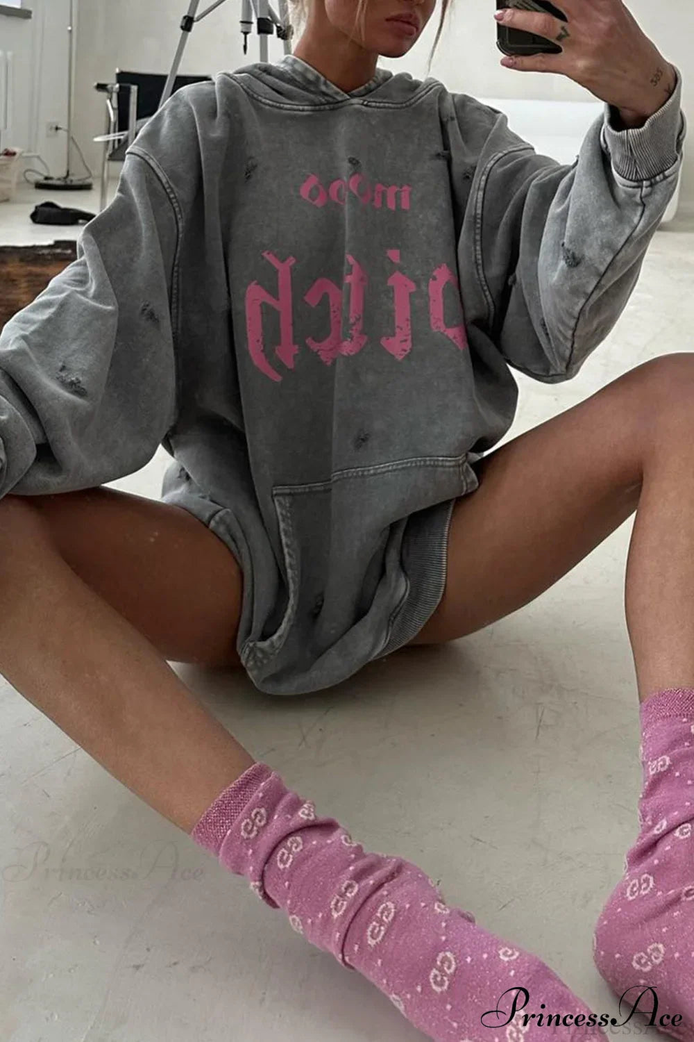 Distressed Hoodie with Letter Print