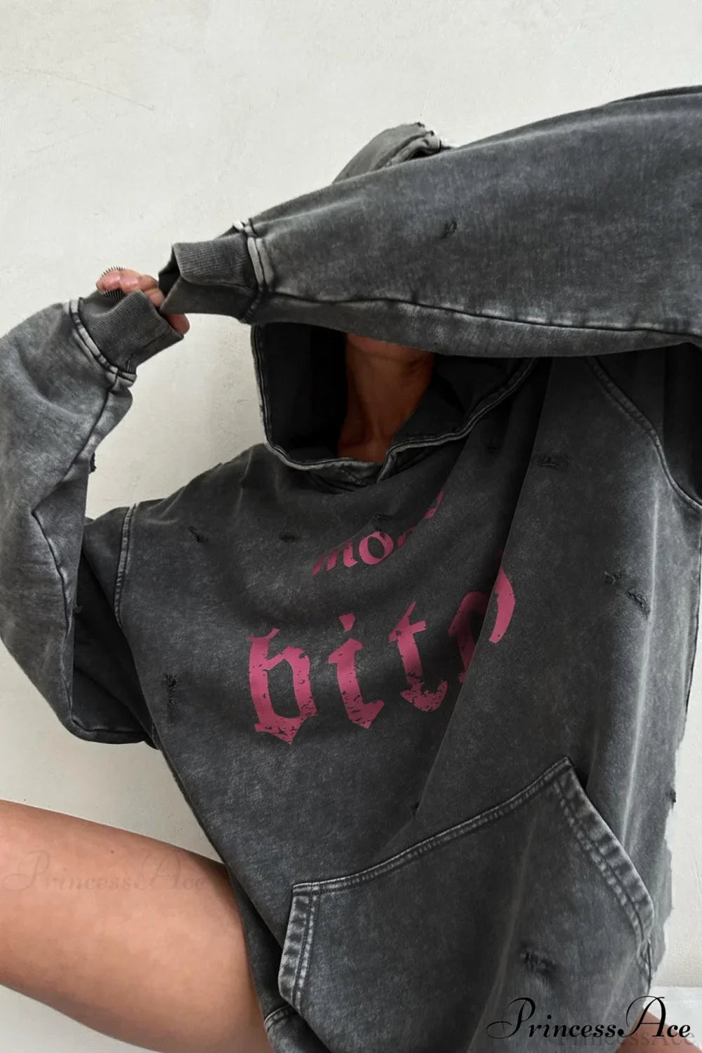 Distressed Hoodie with Letter Print