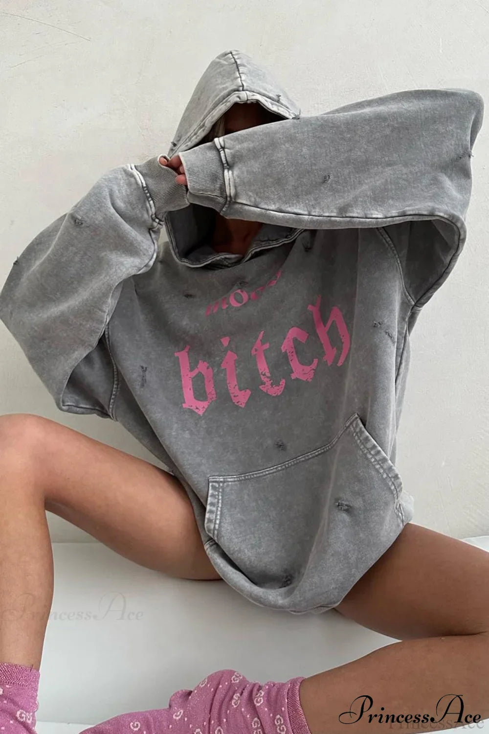 Distressed Hoodie with Letter Print