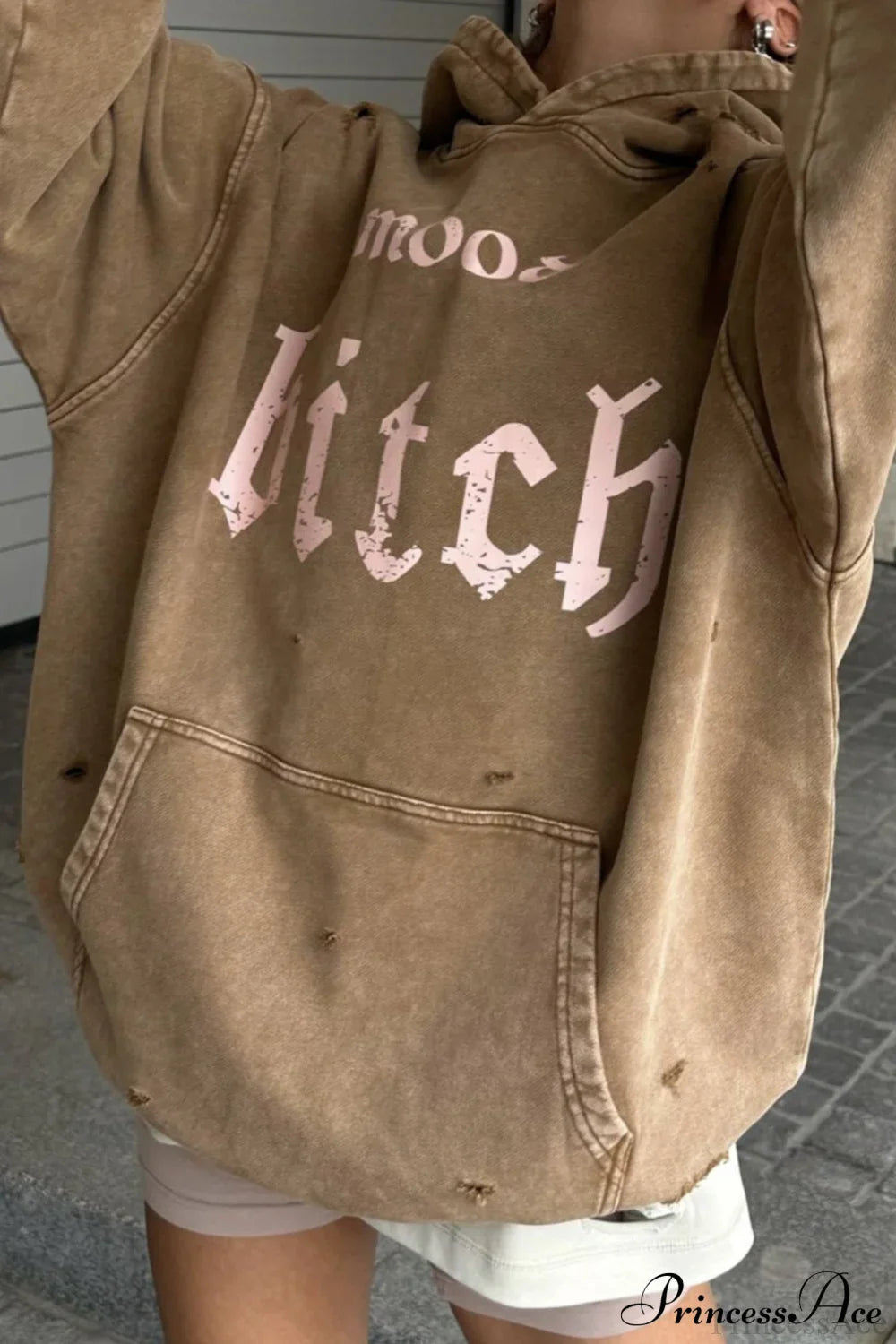 Distressed Hoodie with Letter Print