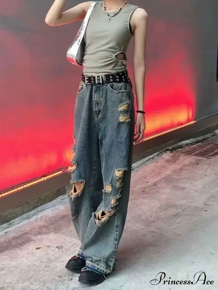 Distressed Trendy Brand Washed Vintage Versatile Trendy Wide Leg Design Inset Jean
