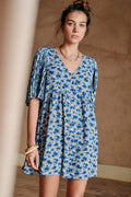 Ditsy Floral Pleated Sleeve V Neck Babydoll Mini Dress - Blue