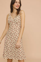 Ditsy Printed V Neck Sleeveless French Midi Sundress - Cream