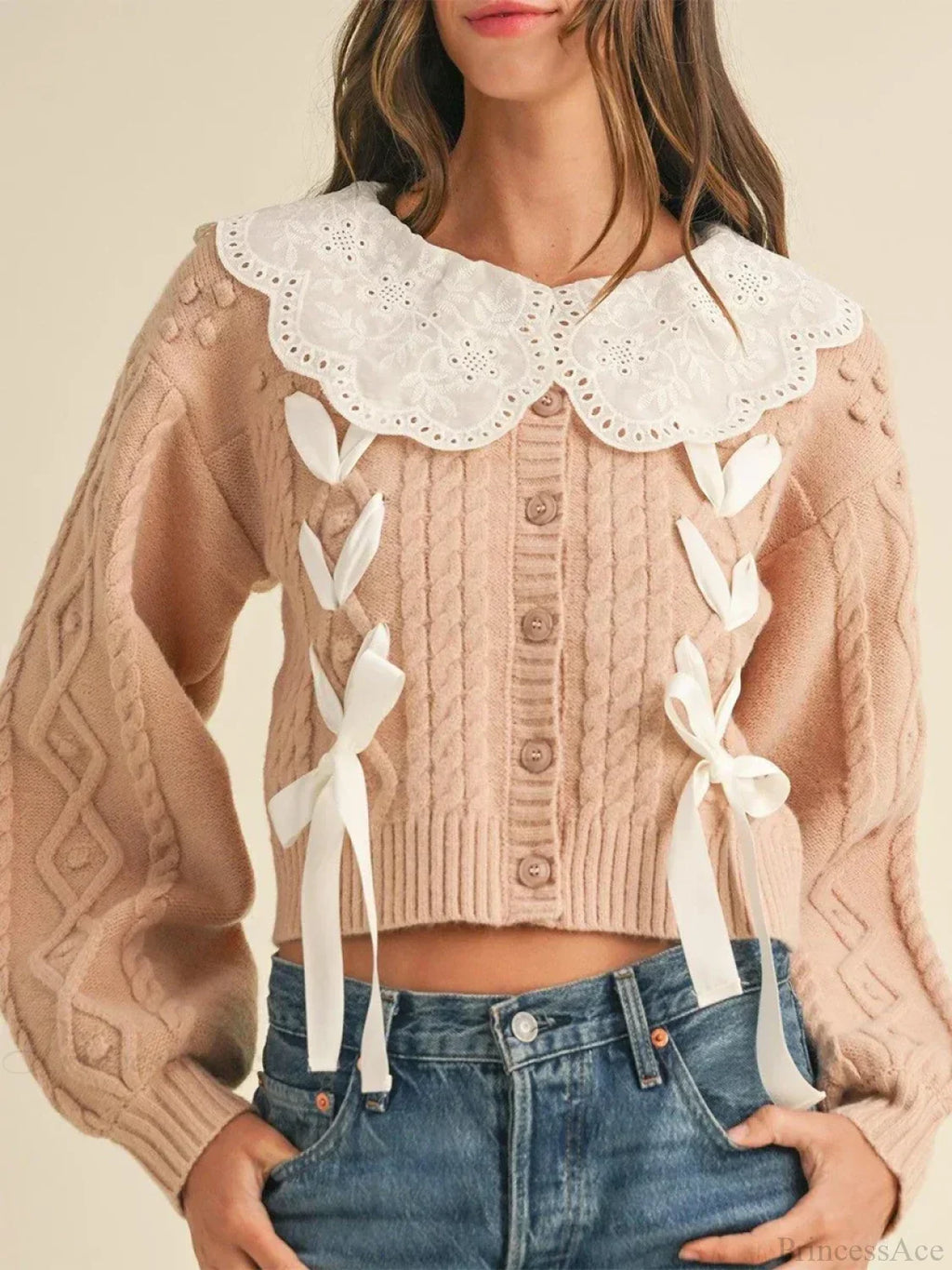 Doll Collar Tie-Up Long Sleeve Knit Cardigan