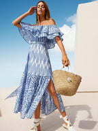 Waleska Statement Off the Shoulder a Line Flare Midi Dress with Embroidered Lace Occasion Edit