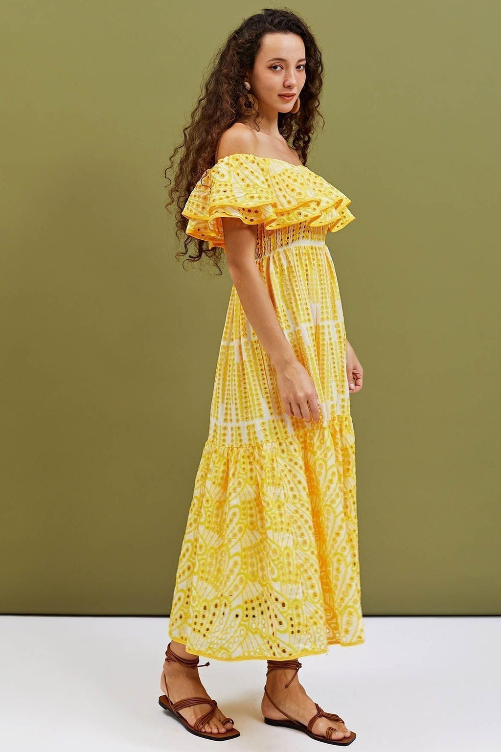 Dolly Embroidered Lace Off - shoulder A - line Flare Midi Dress