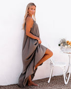 Dolly Satin High Low Ruffle Maxi Dress Mochaccino