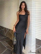 Dot Print Swinging Neck Backless Summer Women Sleeveless Split es Casual Midi Dress