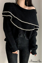 Double Ruffled Off-Shoulder French Vintage Knit Top