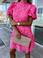 Elara Chic Stylish Puff Sleeve Lace Dress for Women Statement Occasion Edit